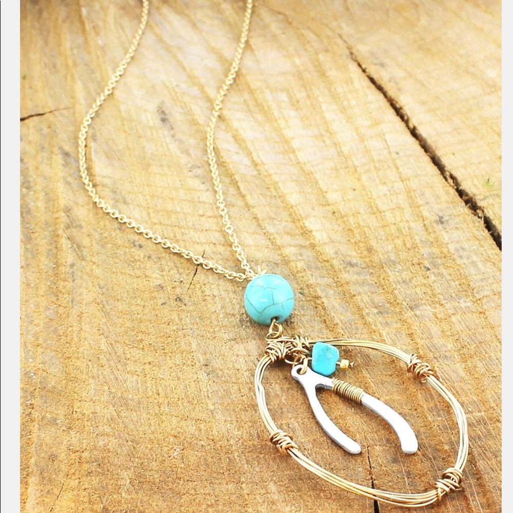 Wishbone Gold Wrapped Turquoise Pendant Necklace